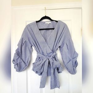 Peplum Wrap Blouse with Puff Sleeves